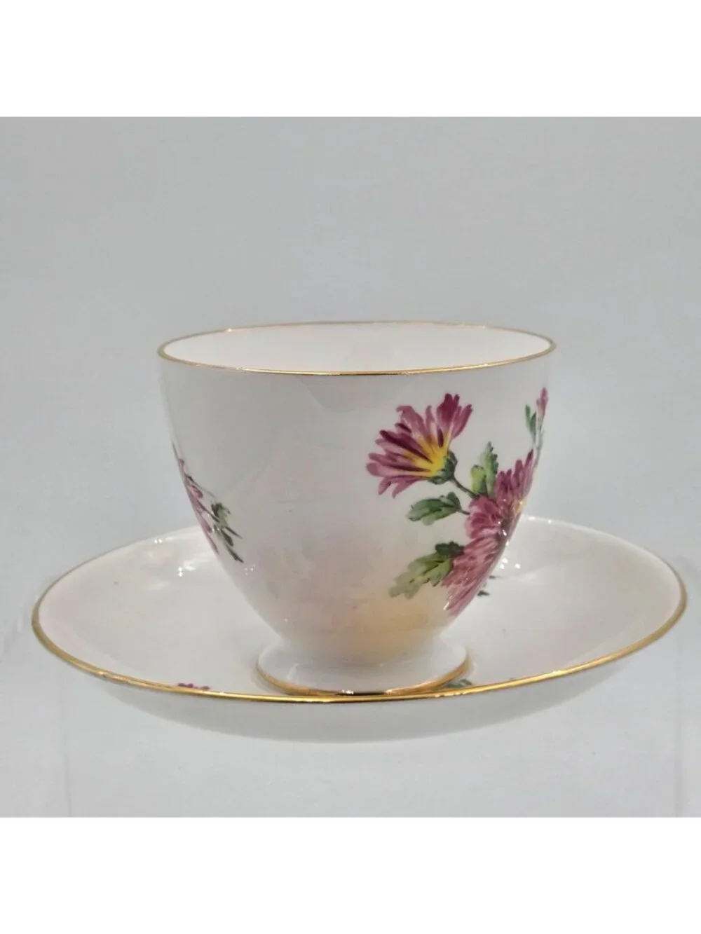Pink and Yellow Chrysanthemum Bone China Footed Tea Cup and Saucer England